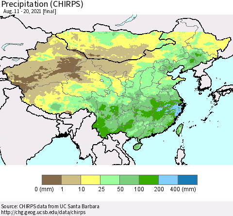 China and Taiwan Precipitation (CHIRPS) Thematic Map For 8/11/2021 - 8/20/2021