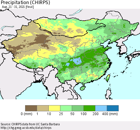China and Taiwan Precipitation (CHIRPS) Thematic Map For 8/21/2021 - 8/31/2021