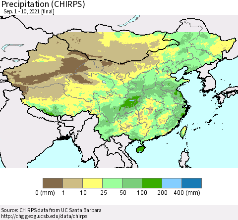 China and Taiwan Precipitation (CHIRPS) Thematic Map For 9/1/2021 - 9/10/2021
