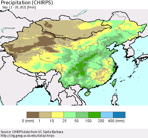 China and Taiwan Precipitation (CHIRPS) Thematic Map For 9/11/2021 - 9/20/2021