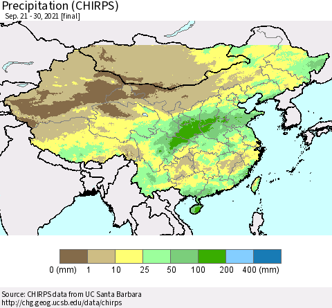 China and Taiwan Precipitation (CHIRPS) Thematic Map For 9/21/2021 - 9/30/2021