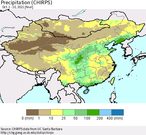 China and Taiwan Precipitation (CHIRPS) Thematic Map For 10/1/2021 - 10/10/2021