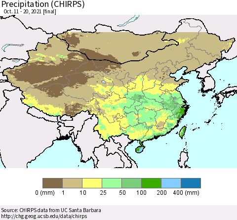 China and Taiwan Precipitation (CHIRPS) Thematic Map For 10/11/2021 - 10/20/2021
