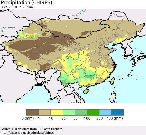 China, Mongolia and Taiwan Precipitation (CHIRPS) Thematic Map For 10/21/2021 - 10/31/2021