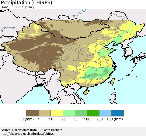 China and Taiwan Precipitation (CHIRPS) Thematic Map For 11/1/2021 - 11/10/2021