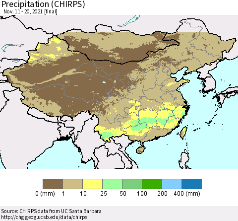China and Taiwan Precipitation (CHIRPS) Thematic Map For 11/11/2021 - 11/20/2021