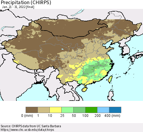 China and Taiwan Precipitation (CHIRPS) Thematic Map For 1/21/2022 - 1/31/2022