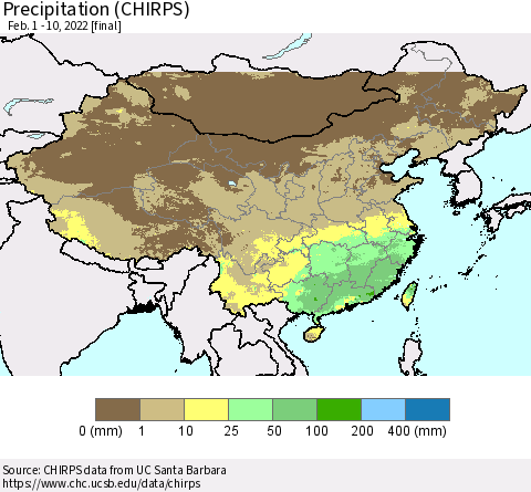 China and Taiwan Precipitation (CHIRPS) Thematic Map For 2/1/2022 - 2/10/2022