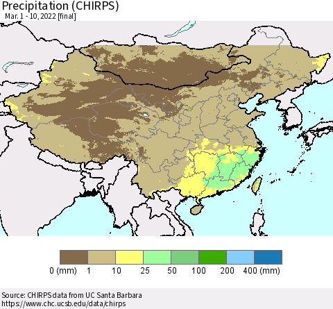China and Taiwan Precipitation (CHIRPS) Thematic Map For 3/1/2022 - 3/10/2022