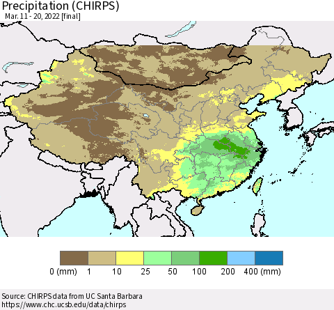 China and Taiwan Precipitation (CHIRPS) Thematic Map For 3/11/2022 - 3/20/2022