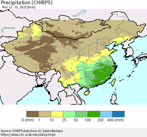 China and Taiwan Precipitation (CHIRPS) Thematic Map For 3/21/2022 - 3/31/2022