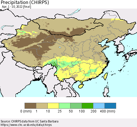 China, Mongolia and Taiwan Precipitation (CHIRPS) Thematic Map For 4/1/2022 - 4/10/2022