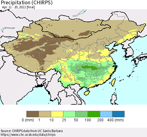 China, Mongolia and Taiwan Precipitation (CHIRPS) Thematic Map For 4/11/2022 - 4/20/2022