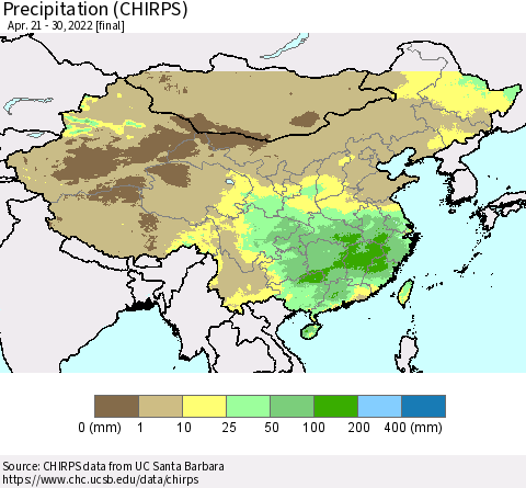 China and Taiwan Precipitation (CHIRPS) Thematic Map For 4/21/2022 - 4/30/2022