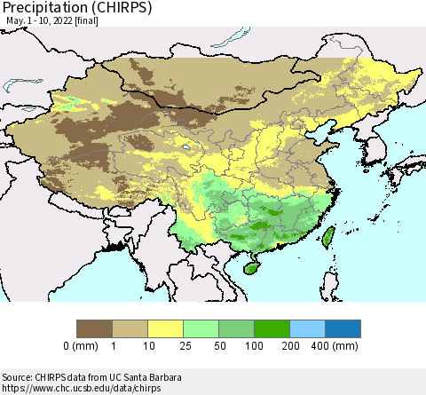 China and Taiwan Precipitation (CHIRPS) Thematic Map For 5/1/2022 - 5/10/2022