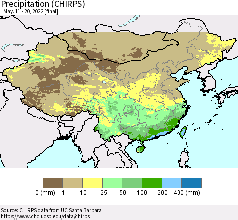 China and Taiwan Precipitation (CHIRPS) Thematic Map For 5/11/2022 - 5/20/2022
