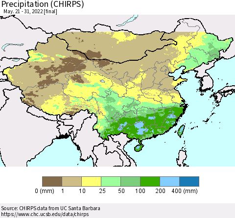 China, Mongolia and Taiwan Precipitation (CHIRPS) Thematic Map For 5/21/2022 - 5/31/2022
