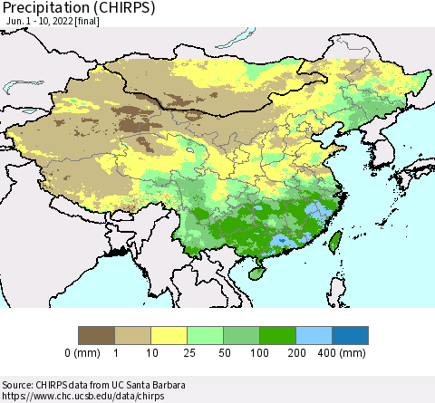 China and Taiwan Precipitation (CHIRPS) Thematic Map For 6/1/2022 - 6/10/2022