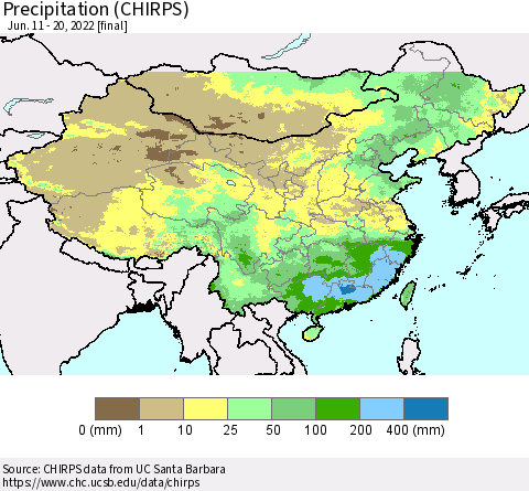China and Taiwan Precipitation (CHIRPS) Thematic Map For 6/11/2022 - 6/20/2022