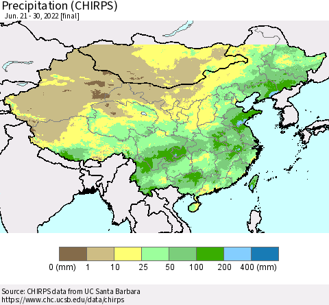 China and Taiwan Precipitation (CHIRPS) Thematic Map For 6/21/2022 - 6/30/2022