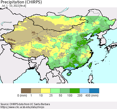 China and Taiwan Precipitation (CHIRPS) Thematic Map For 7/1/2022 - 7/10/2022