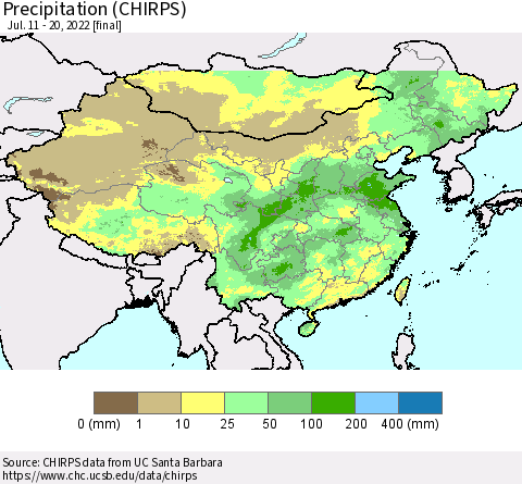 China and Taiwan Precipitation (CHIRPS) Thematic Map For 7/11/2022 - 7/20/2022