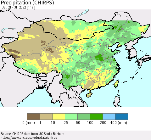 China and Taiwan Precipitation (CHIRPS) Thematic Map For 7/21/2022 - 7/31/2022