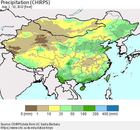 China and Taiwan Precipitation (CHIRPS) Thematic Map For 8/1/2022 - 8/10/2022