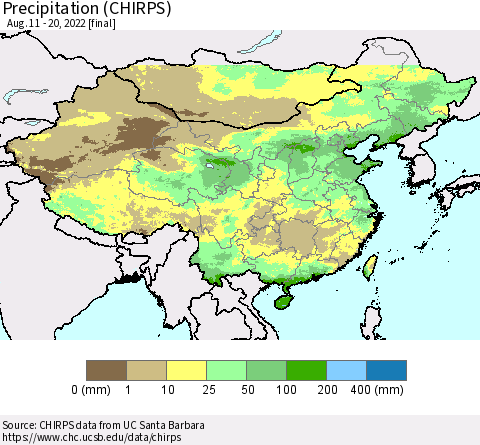 China and Taiwan Precipitation (CHIRPS) Thematic Map For 8/11/2022 - 8/20/2022