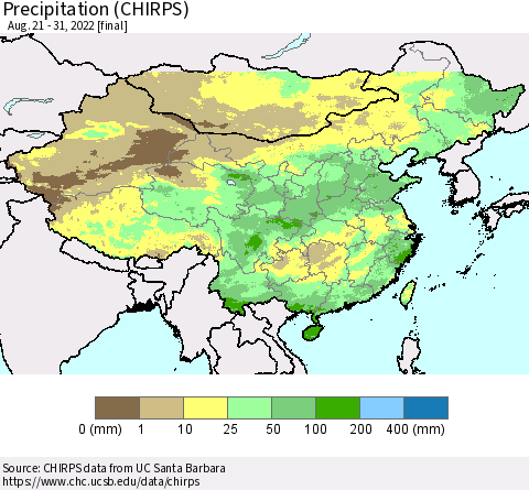 China, Mongolia and Taiwan Precipitation (CHIRPS) Thematic Map For 8/21/2022 - 8/31/2022