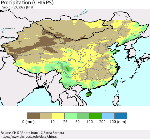 China and Taiwan Precipitation (CHIRPS) Thematic Map For 9/1/2022 - 9/10/2022