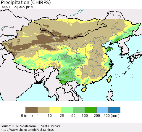 China and Taiwan Precipitation (CHIRPS) Thematic Map For 9/11/2022 - 9/20/2022