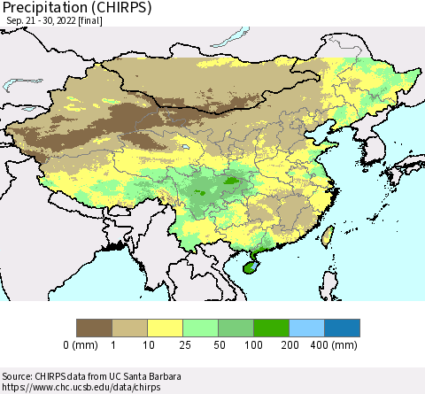China, Mongolia and Taiwan Precipitation (CHIRPS) Thematic Map For 9/21/2022 - 9/30/2022