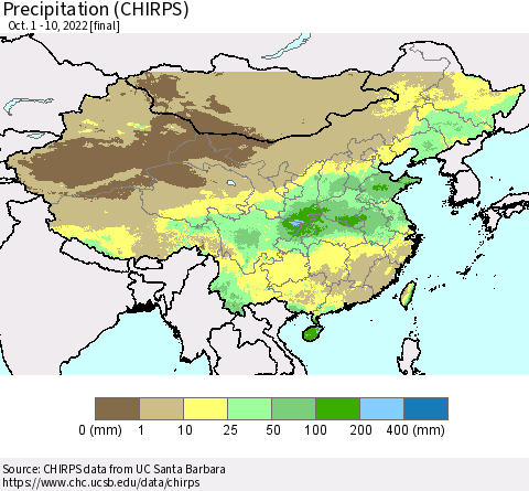 China and Taiwan Precipitation (CHIRPS) Thematic Map For 10/1/2022 - 10/10/2022