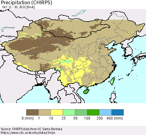China and Taiwan Precipitation (CHIRPS) Thematic Map For 10/11/2022 - 10/20/2022