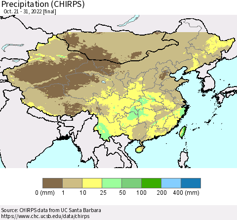 China and Taiwan Precipitation (CHIRPS) Thematic Map For 10/21/2022 - 10/31/2022