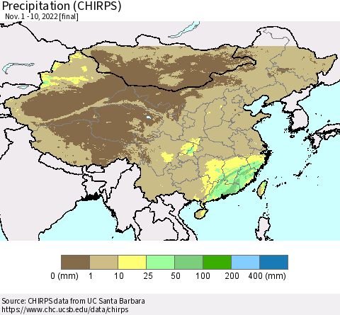 China and Taiwan Precipitation (CHIRPS) Thematic Map For 11/1/2022 - 11/10/2022