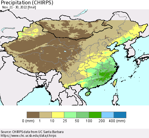 China and Taiwan Precipitation (CHIRPS) Thematic Map For 11/21/2022 - 11/30/2022