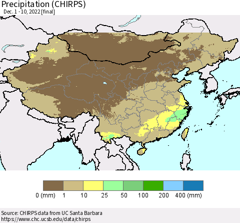 China and Taiwan Precipitation (CHIRPS) Thematic Map For 12/1/2022 - 12/10/2022