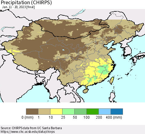 China and Taiwan Precipitation (CHIRPS) Thematic Map For 1/11/2023 - 1/20/2023