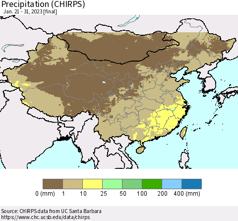 China and Taiwan Precipitation (CHIRPS) Thematic Map For 1/21/2023 - 1/31/2023