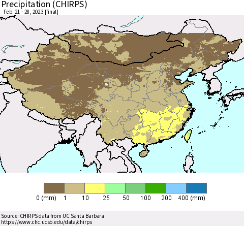 China and Taiwan Precipitation (CHIRPS) Thematic Map For 2/21/2023 - 2/28/2023