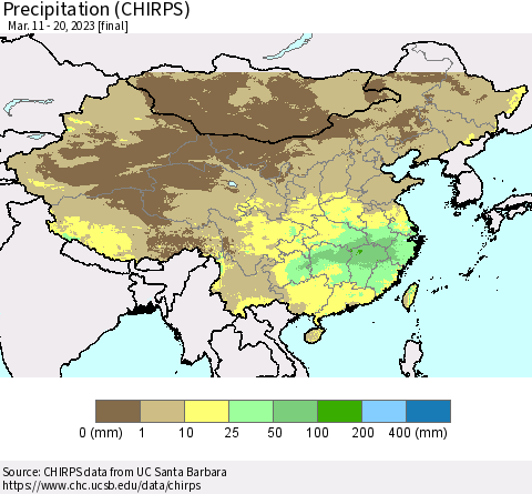 China and Taiwan Precipitation (CHIRPS) Thematic Map For 3/11/2023 - 3/20/2023