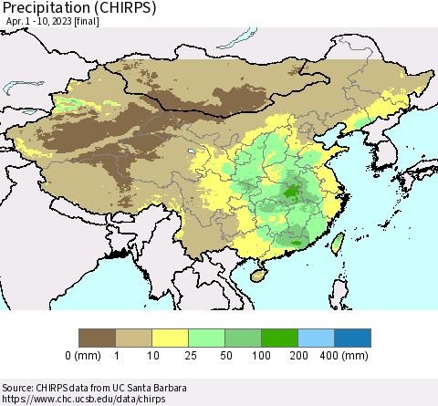 China and Taiwan Precipitation (CHIRPS) Thematic Map For 4/1/2023 - 4/10/2023