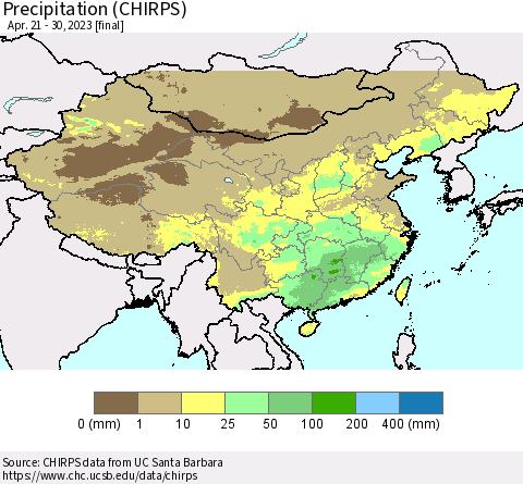 China and Taiwan Precipitation (CHIRPS) Thematic Map For 4/21/2023 - 4/30/2023
