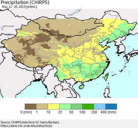 China and Taiwan Precipitation (CHIRPS) Thematic Map For 5/11/2023 - 5/20/2023