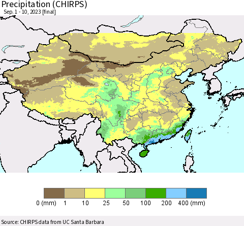 China, Mongolia and Taiwan Precipitation (CHIRPS) Thematic Map For 9/1/2023 - 9/10/2023