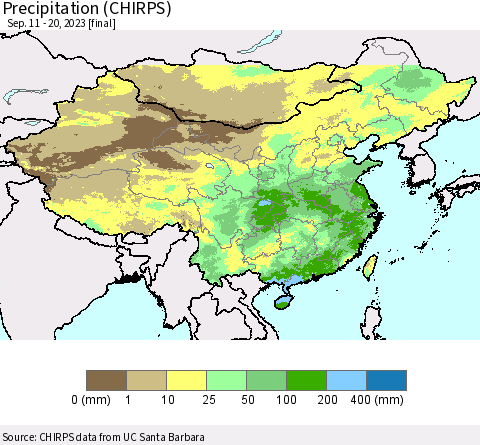China, Mongolia and Taiwan Precipitation (CHIRPS) Thematic Map For 9/11/2023 - 9/20/2023