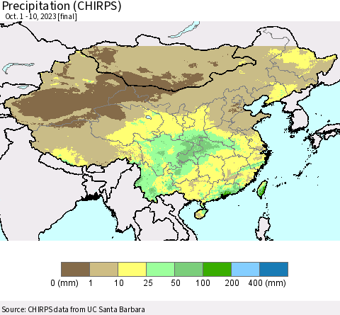 China, Mongolia and Taiwan Precipitation (CHIRPS) Thematic Map For 10/1/2023 - 10/10/2023