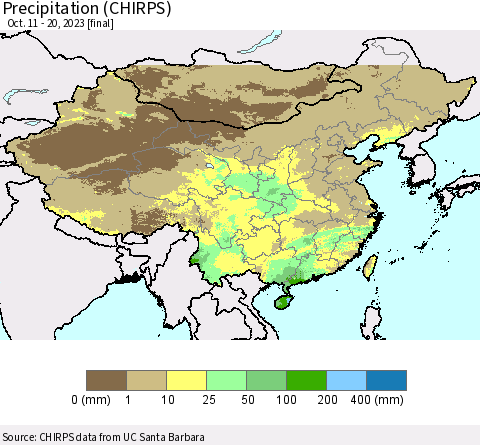China, Mongolia and Taiwan Precipitation (CHIRPS) Thematic Map For 10/11/2023 - 10/20/2023